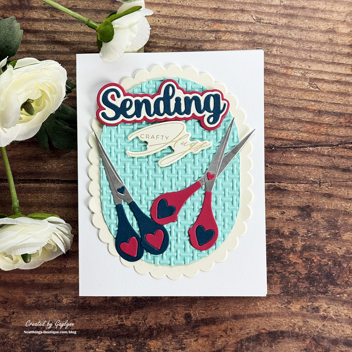 Sharon's Scissors Sending Crafy Hugs Embossed Friendship Card